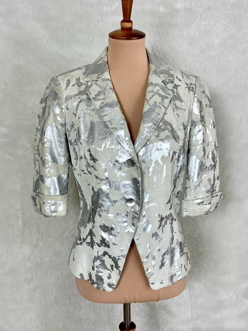 Vintage 90s Cache Metallic Silver Leather Ivory Suede Animal Print Jacket 8